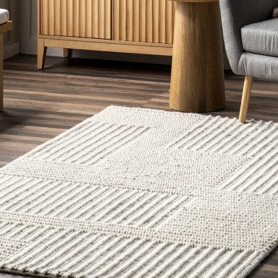 Ivory High-Low Striped Wool 8' x 10' Area Rug