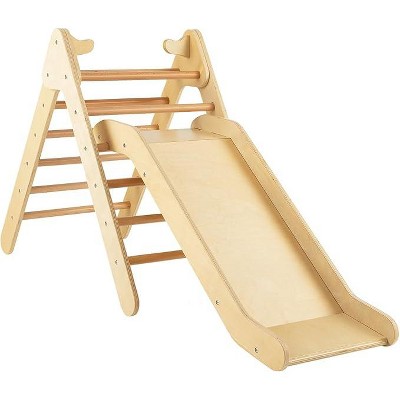 Costzon Wooden Climbing Toys for Toddlers, 2-in-1 Montessori Triangle Climber with Adjustable Slide Ramp, Indoor Multicolor Play Gym Set