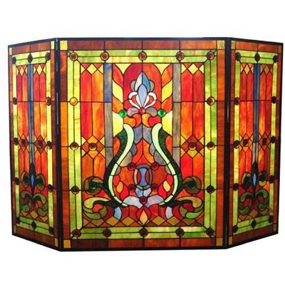 Chloe Lighting Tiffany-Glass 3pcs Folding Victorian Fireplace Screen 44" Wide