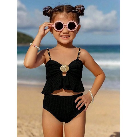 YesFashion Girls’ Ruffled Two-Piece Swimsuit Textured Adjustable Straps Quick-Dry Swimwear,6Y,Black