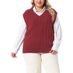 Agnes Orinda Women's Plus Size Fashion V Neck Cable Knit Sleeveless Pullover Casual Sweater Vests - 1 of 4