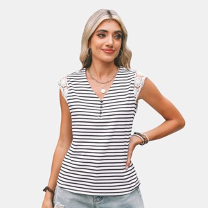 Women's Black & White Stripe V-Neck Lace Sleeve Top - Cupshe - 1 of 4
