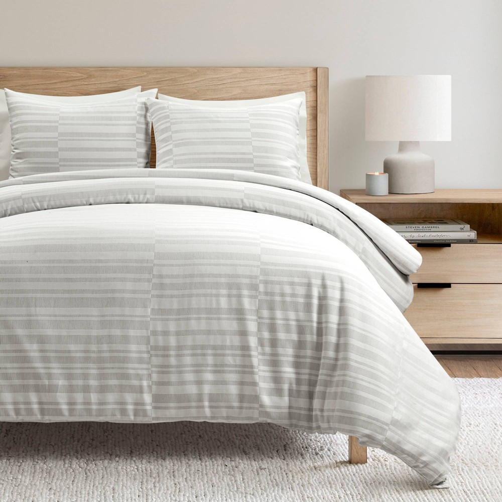 Lush Décor 3pc King Sawyer Modern Broken Striped Duvet Cover Set Gray/White: Polyester, Non-Woven, Machine Washable