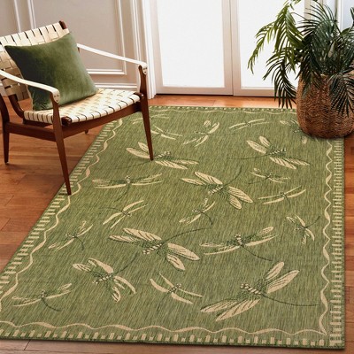 Carmel Dragonfly Green Rectangular Easy-Care Outdoor Rug