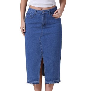 INSPIRE CHIC Women's Denim Front Slit Raw Hem High Waisted Midi Jean Skirts - 1 of 4