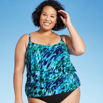 Women's Plus Size Angled Tiered Tankini Top - Aqua Green® Blue Multi X