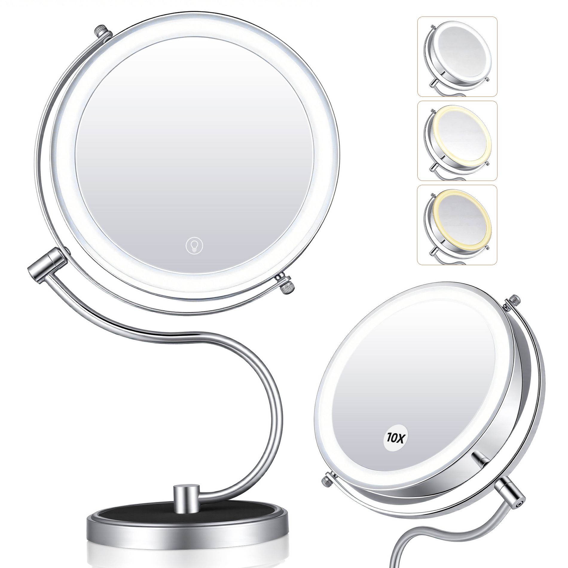 9" Lighted Makeup Mirror with Magnification, Rechargeable LED Vanity Mirror 1X/10X Double Sided, 3 Color Lights 360° Swivel Stainless Steel