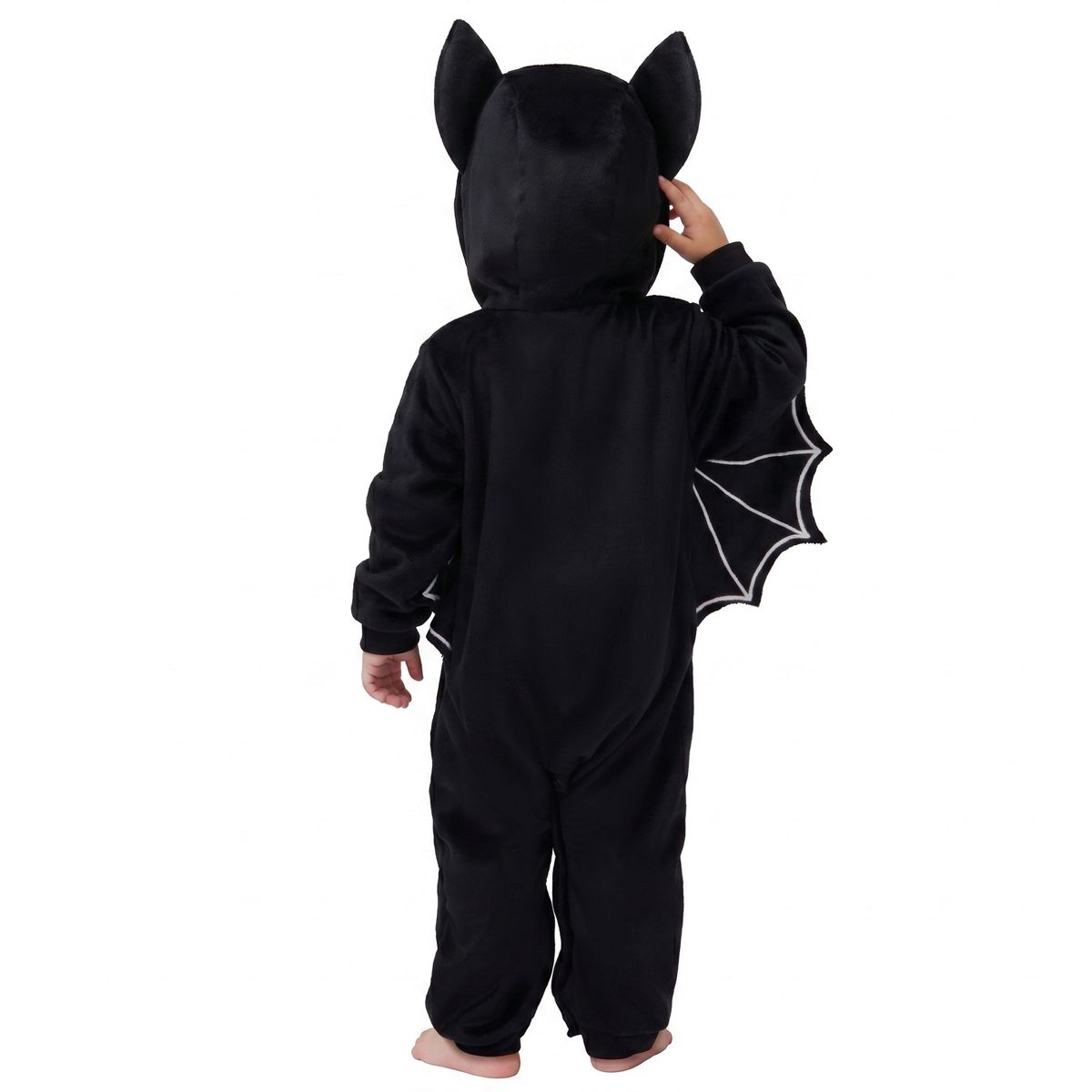 Joyfy Baby Black Bat Halloween Costume, Toddler Hooded Jumpsuit with Wings & Furry Tummy Pajamas for Halloween Dress Up Parties - thumbnail 3