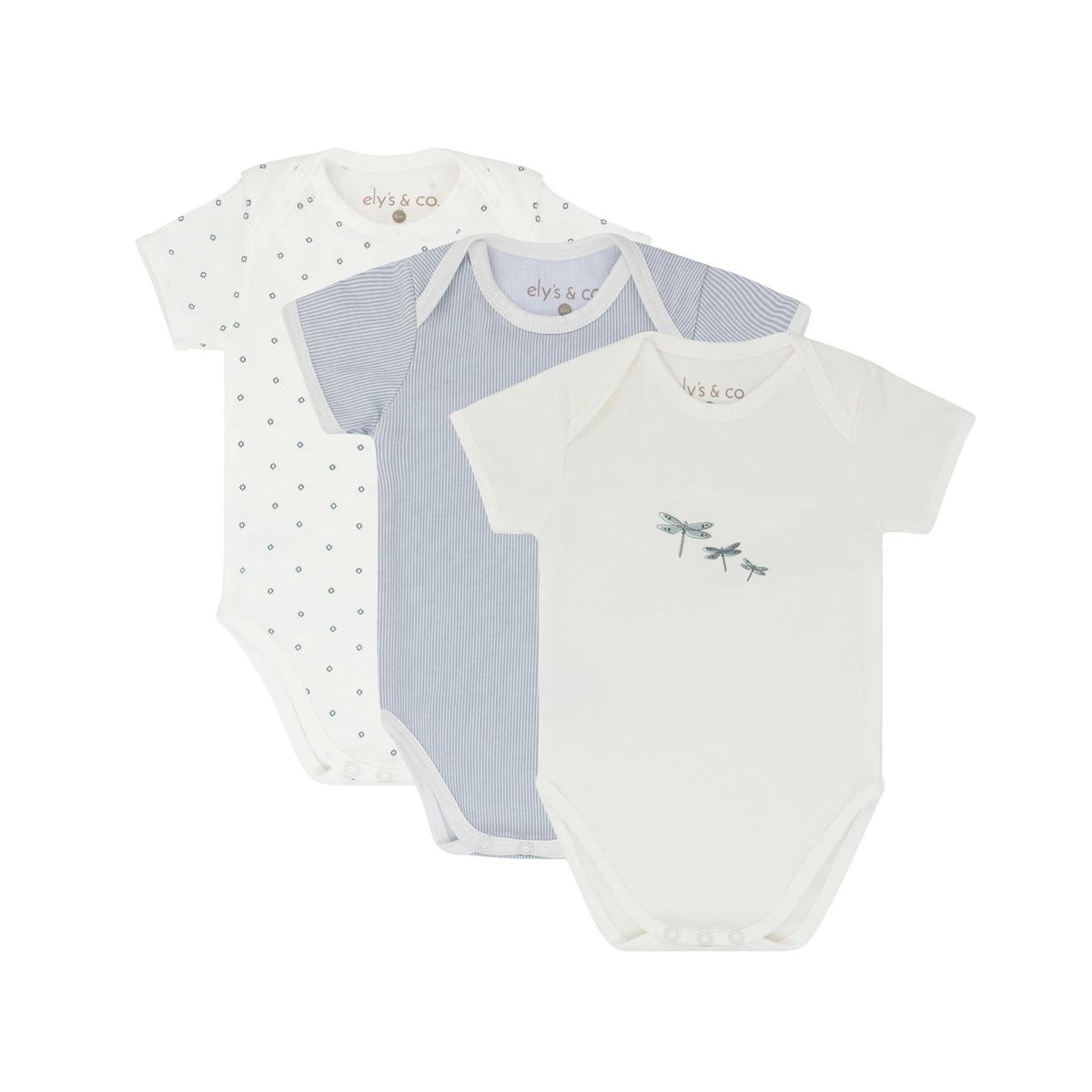 Ely's & Co. Cotton Baby Boy Short Sleeves Bodysuits-Undershirts Blue - 3 Pack, Stripes, Diamonds, Dragonfly