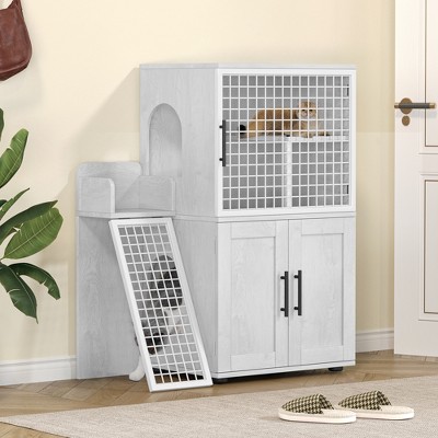 Whizmax Cat Litter Box Enclosure with Platform, Double Layer Cat Litter Hidden Furniture, Hidden Cat Litter Box Enclosure, Cat House