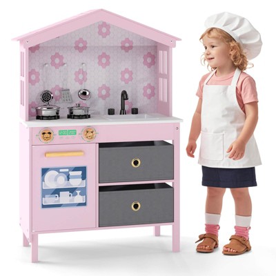 Safstar Kids Play Kitchen w/2 Stoves, Rotation Knobs, Faucet, Sink, Dishwasher, Drawers