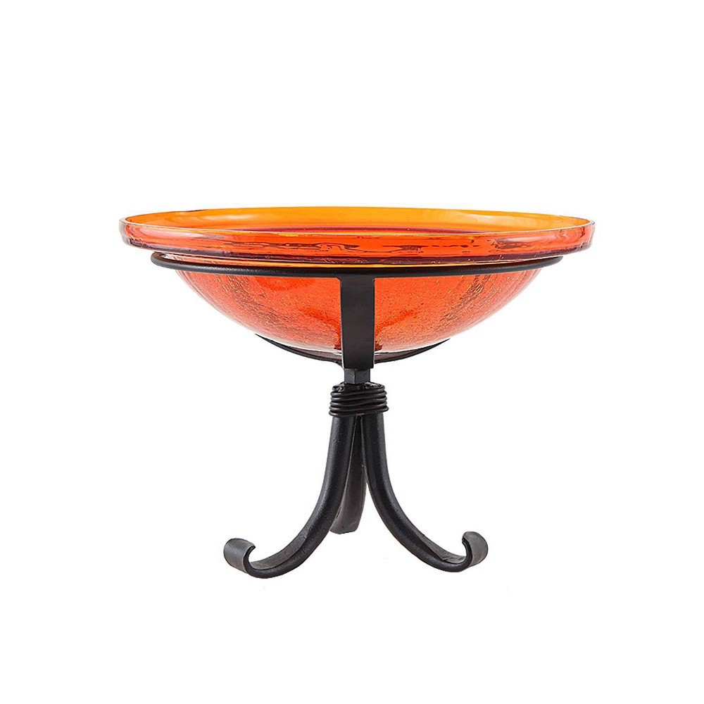 Photos - Other Decoration 12.75" Reflective Crackle Glass Birdbath Bowl with Tripod Stand Mandrin Orange - Achla Design: Weather-Resistant, Freestandi