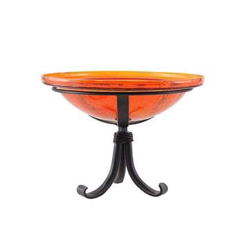 12.75" Reflective Crackle Glass Birdbath Bowl with Tripod Stand Mandrin Orange - Achla Design