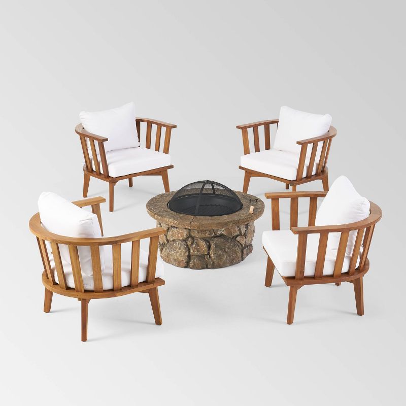 Clarendon 5pc Acacia Wood Club Chairs and Fire Pit Set - Teak/White/Natural Stone - Christopher Knight Home, 3 of 8