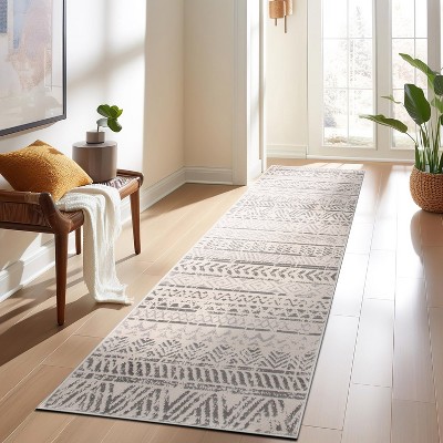 Gray Geometric Distressed Bohemian Runner Rug
