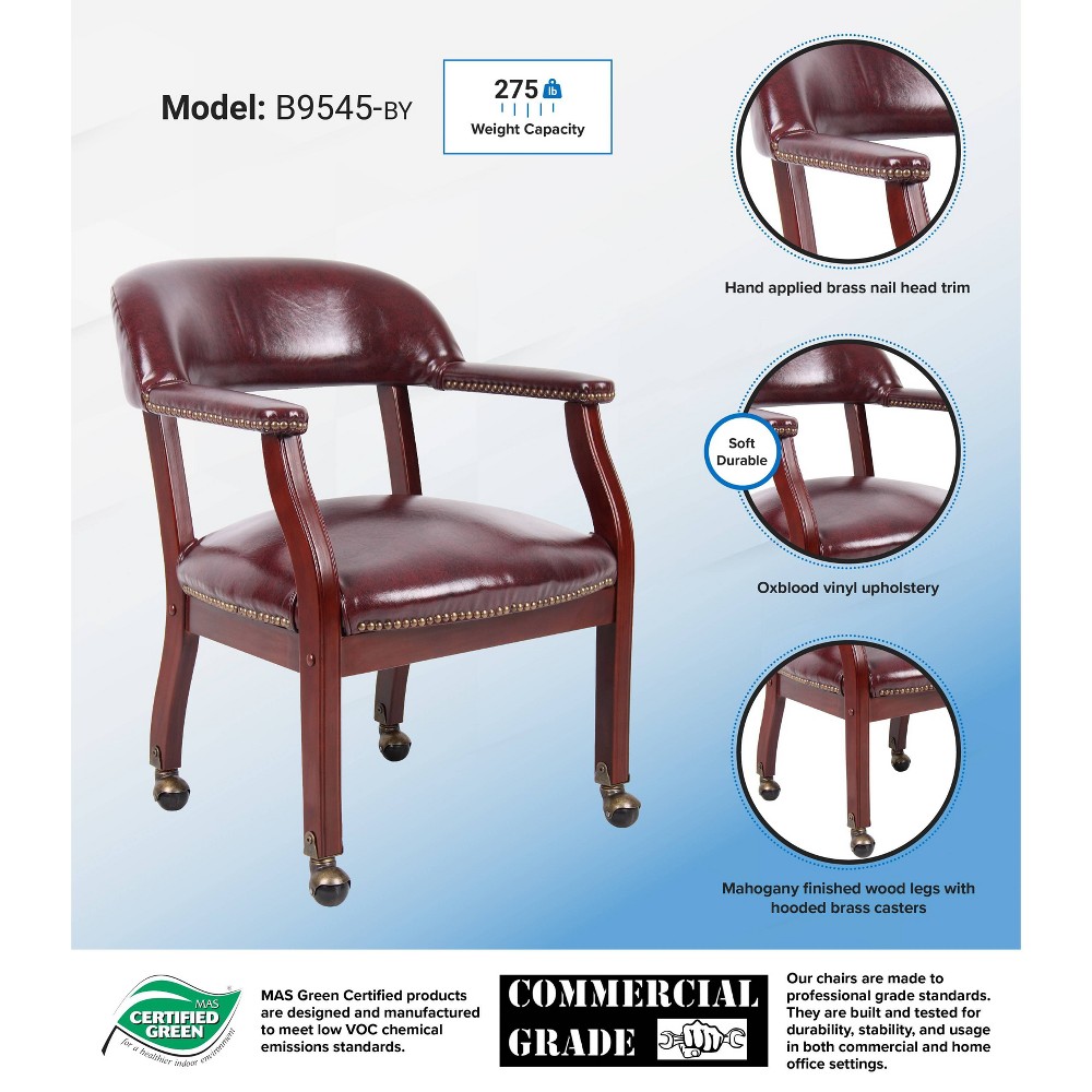 Captain's Chair with Casters Burgundy - Boss Office Products: Mahogany Base, Brass Castors