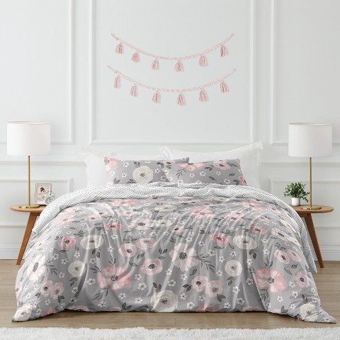 Sweet Jojo Designs Full/Queen Comforter Bedding Set Watercolor Floral Grey Pink 3 pc