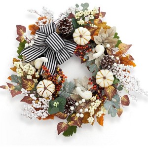 TackView 20" Fall Thanksgiving Wreaths for Front Door, Fall Decorations for Home Pumpkin Wreath with Bow Leaves Pine Cones, Autumn Wreath - 1 of 4