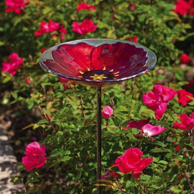 Evergreen Glass Birdbath with Stake, Ruby Pansy