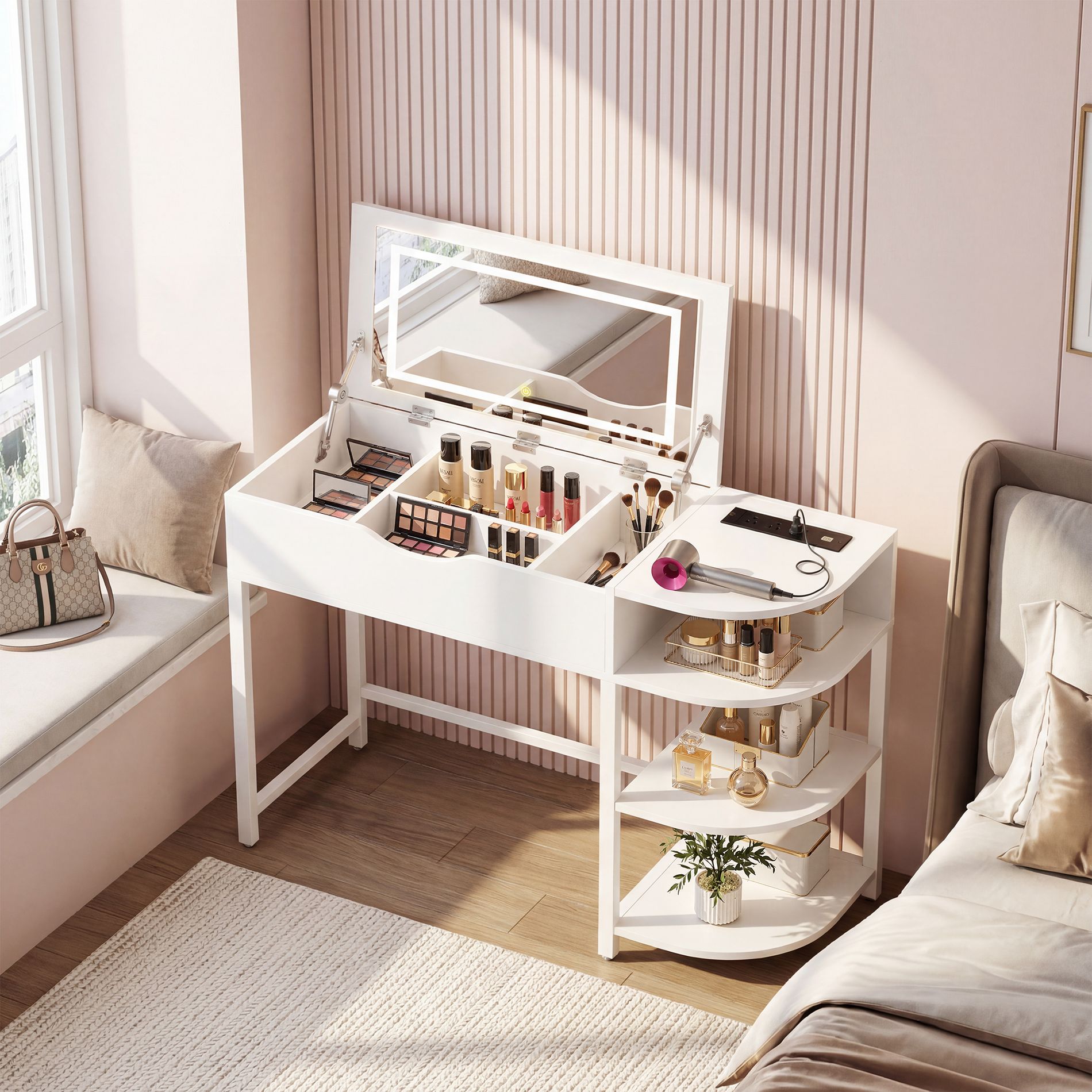 Besiost Flip-Top Makeup Dressing Table with mirror and Drawer, Small Vanity Desk with Charging Station, White
