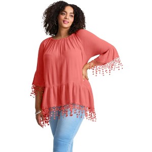 Avenue Women's Plus Size Crochet Fringe Trim Tunic - 1 of 4