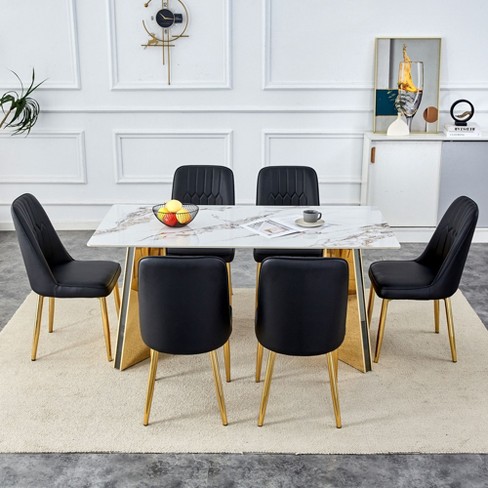 NicBex Dining Table for 6 Set Dining Room Table Set Cold Jade Patterned Sintered Stone Table with Golden Stainless Steel Legs with 4 PU Chairs - image 1 of 4