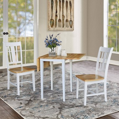 Elegant White/Natural Solid Parawood Dual Drop Leaf Table and 2 Chairs Set