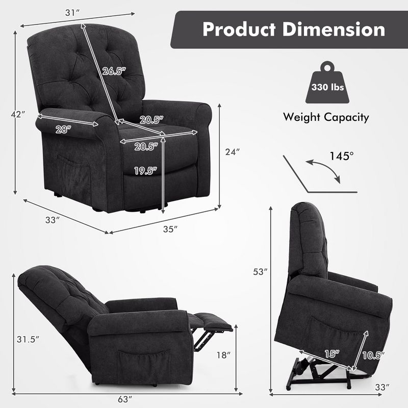 Costway Power Lift Recliner Chair Sofa for Elderly w/ Side Pocket & Remote Control Black\Brown, 3 of 11