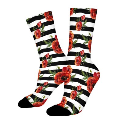 Black Stripes Red Poppy Flowers Women Printed Crew Socks Funny Funky Socks Soft Polyester Novelty Gifts for Artists Men