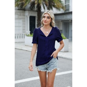 Women's V - Neck Puff Short Sleeve Jacquard Top, Casual Loose Fit Tee - 1 of 4