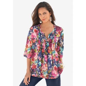 Roaman's Plus Size Tara Pleated Shirt – Adjustable 3/4 Sleeve Swing Tunic With Notch Collar - 1 of 4