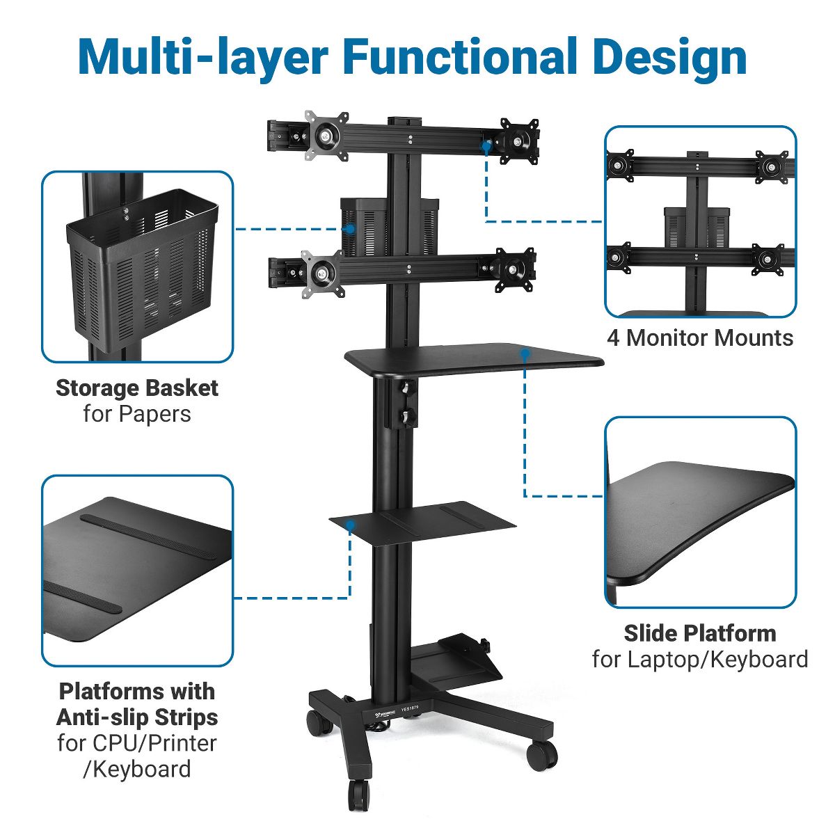 Yescom NexusX Commander Rolling Computer Cart 4-Monitors Industrial Heavy-Duty Mobile Workstation for Production Line Monitoring MES/HMI Control Shop - thumbnail 6