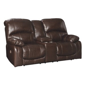 Hallstrung Power Reclining Loveseat with Console/Adjustable Headrest Chocolate Brown - Signature Design by Ashley, Brown Brown