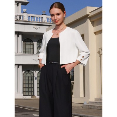 INSPIRE CHIC Women's Collarless 3/4 Sleeve Open Front Button Decor Cuff Cropped Jacket White XX-Large — фото 2