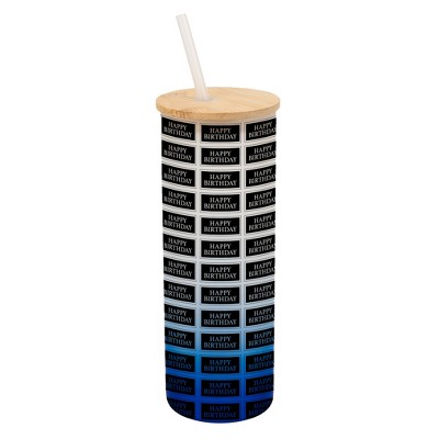Elanze Designs Happy Birthday Banner Stamp Wrap-Around Design 25 Ounce Frosted Gradient Glass On-The-Go Coffee Travel Skinny Tumbler Mug Cup, Bamboo