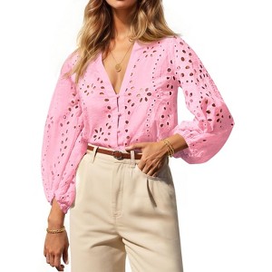 Imily Bela Women's deep V-neck hollow-out blouse, 3/4 puff sleeves, front button design, spring and autumn blouse - 1 of 4