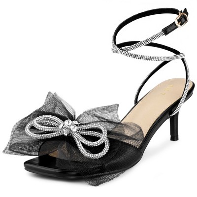 Perphy Women's Mesh Bow Lace Up Rhinestones Strap Kitten Heel Sandals