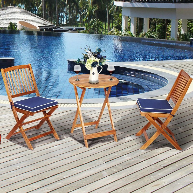 Costway 3PCS Patio Folding Wooden Bistro Set Cushioned Chair Conversation Cushion, 1 of 11