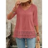 Women Tops Lace Embroidered V Neck Pleated Casual Blouse Shirts Pink M - 3 of 3