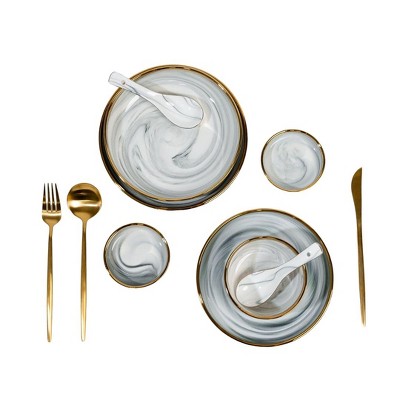 Ozarke Modern Nordic Style Golden Border Marble & Ceramic Tableware Set - sMulticolor