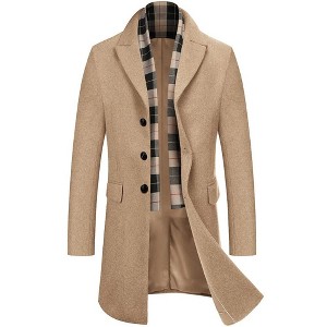 COOFANDY Men's Wool Blend Coat with Detachable Plaid Scarfs Notched Collar Single Breasted Pea Coat Trench Overcoat - 1 of 4