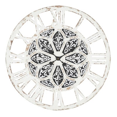 28"x 28" Large Round Distressed Wood Wall Clock with Patterned Center Detail Black/White - Olivia & May