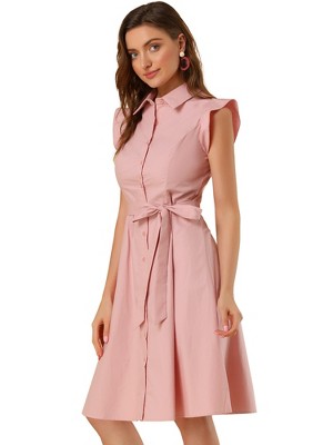 Allegra K Women's Cotton Ruffled Cap Sleeve Tie Waist Button Casual Office Shirt Dress