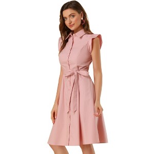 Allegra K Women's Cotton Ruffled Cap Sleeve Tie Waist Button Casual Office Shirt Dress - 1 of 4