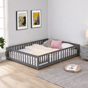 Queen Size Floor Bed with Door and Fence, Montessori Bed with Guardrails and Solid Slats, Solid Wood Platform Bed Frame - 1 of 4