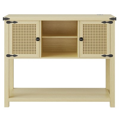 Fredees Rattan Buffet Cabinet, Sideboard with LED Lights & Charging Station, Farmhouse Entryway Table for Living Room, Kitchen, Hallway