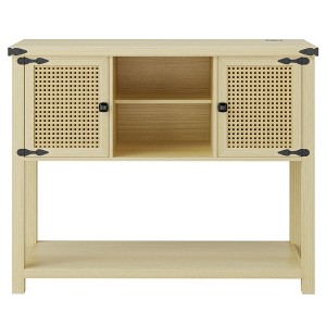Fredees Rattan Buffet Cabinet, Sideboard with LED Lights & Charging Station, Farmhouse Entryway Table for Living Room, Kitchen, Hallway - 1 of 4