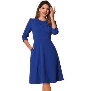 INSPIRE CHIC Women's 3/4 Sleeve Pleated Round Neck Pockets A-Line Swing Work Midi Dress - 1 of 4