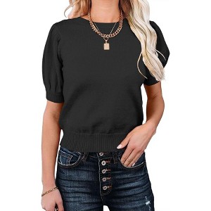Womens Knit Lightweight Casual Blouse Puff Short Sleeve Pullover Sweater Tops Crewneck Basic - 1 of 3
