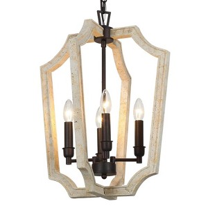 LNC Quaint 4-Light 16" Farmhouse Lantern Small Chandelier, Antique Bronze and Distressed White Wood - 1 of 4